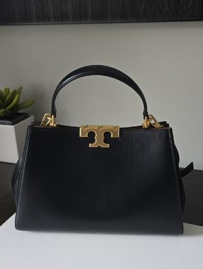 Tory Burch Black Leather Top-Handle Eleanor Satchel with Gold Logo